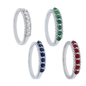 Anelli in oro bianco 18 kt. con smeraldi, zaffiri, rubini e diamanti