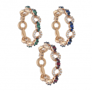 Anelli in oro rosa 18 kt. con rubini, zaffiri, smeraldi e diamanti