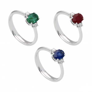 Anelli in oro bianco 18 kt. con smeraldo, rubino, zaffiro e diamanti
