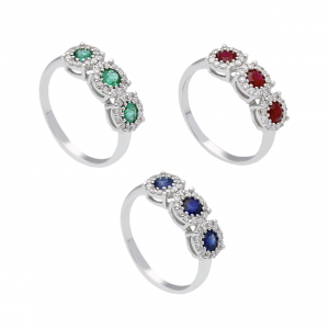 Anelli in oro bianco 18 kt. con smeraldo, rubini, zaffiri con diamanti