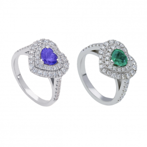 Anelli in oro bianco 18 kt. con tanzanite / smeraldo e diamanti