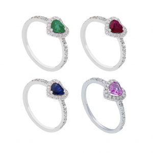 Anelli in oro bianco 18 kt. con smeraldo/zaffiro/rubino e diamanti