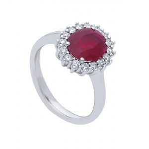 Anello in oro bianco 18 kt. con rubino e diamanti